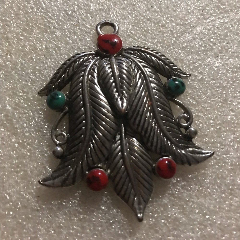 Silver Leaf Pendant with Red and Green Accents